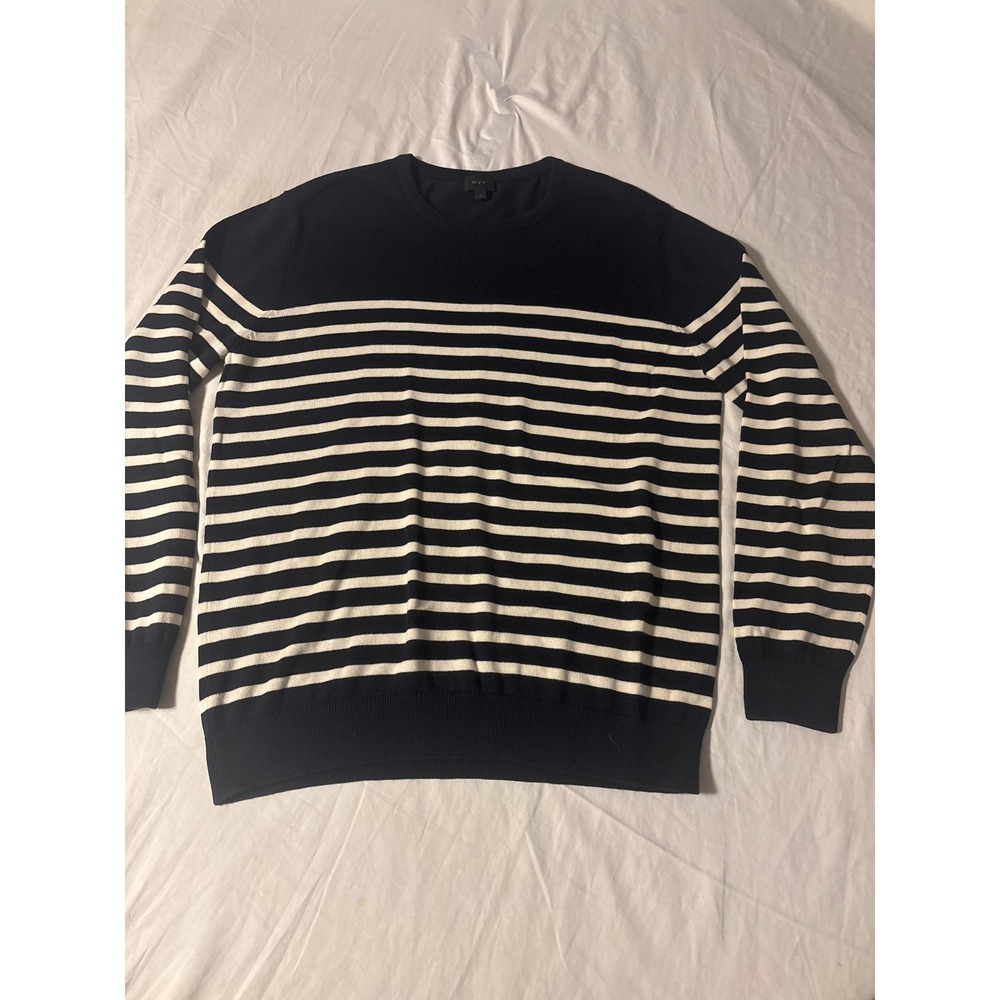 MVP Sweater Mens Large Navy Blue White  Striped Crewneck Long Sleeve